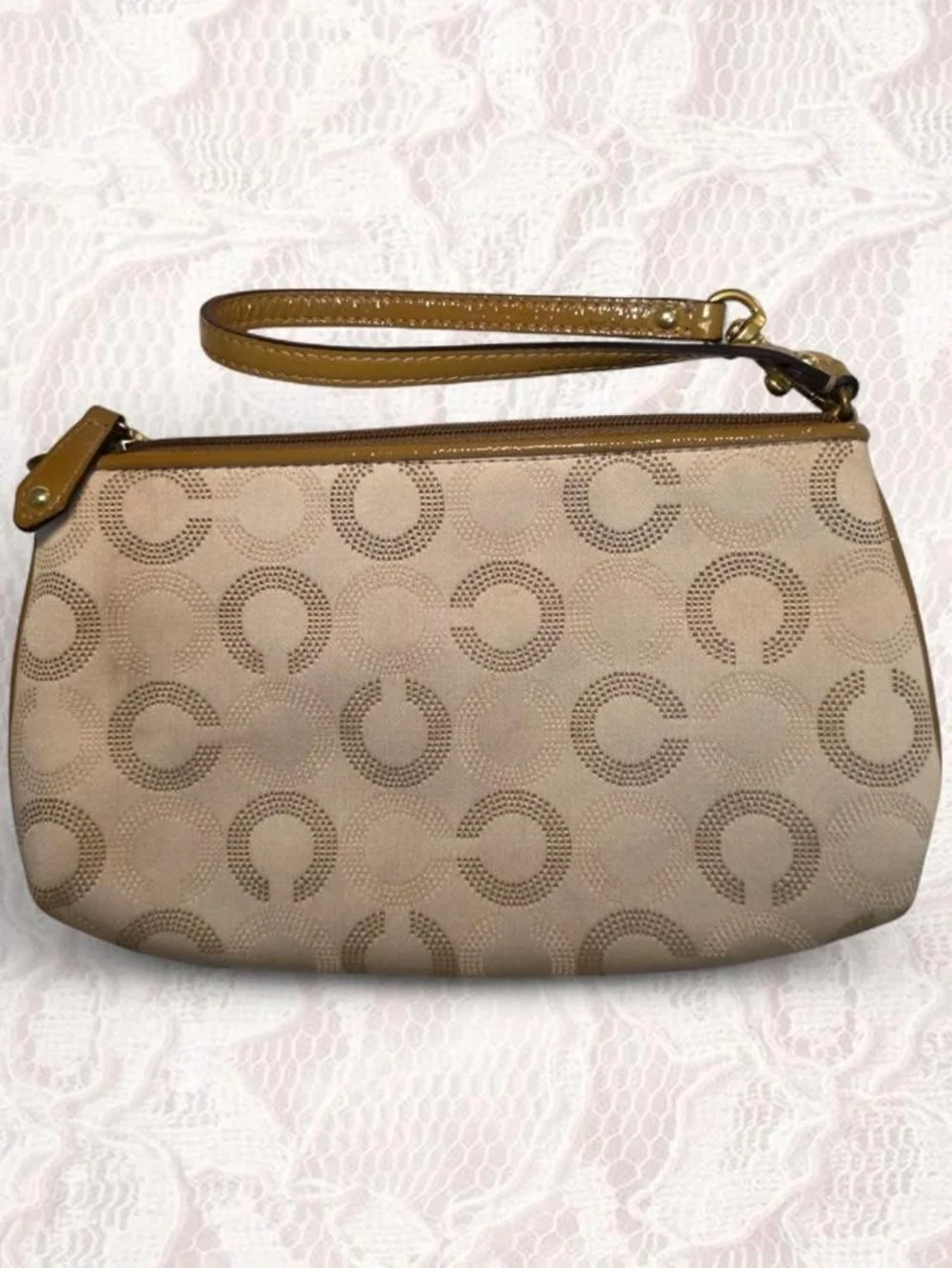 Coach Beige Y2K Signature Wristlet with Tan Leather Trim